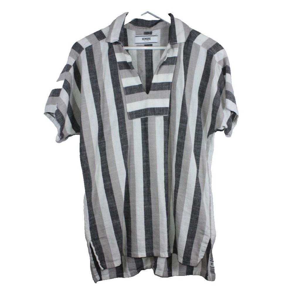 Tulum Hombre Shirt Mens Size Medium Linen Blend V Neck Striped Short Sleeve Top
